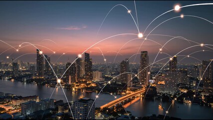 Cityscape of the Future: The city skyline glows, interconnected by a network of digital lines that reflect modern connectivity and technological innovation.  - Powered by Adobe