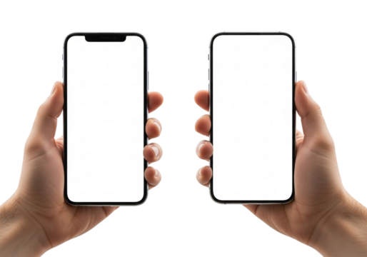 Two hands holding modern smartphones with blank white screens isolated on transparent background for mockup and app presentation - Powered by Adobe