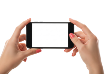 Woman holding a modern smartphone with blank screen isolated on transparent background, ready for your content, app or advertisement