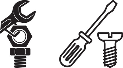 Monochrome Flat Design Vector Illustration of Hand Tools and Hardware Elements