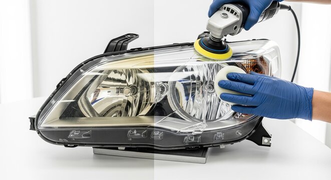 Before and after car headlight polishing with a power buffer showing restoration and clarity