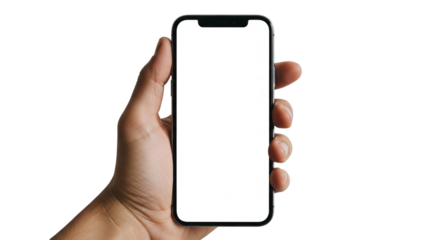 Hand holding a modern smartphone with a blank white screen isolated on transparent background, showcasing app design or mobile technology