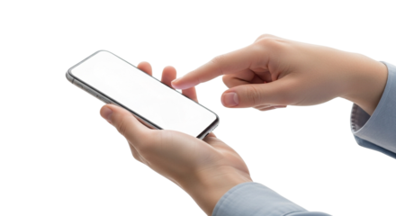 Close up of a person holding a modern smartphone with a blank screen isolated on transparent background mobile device in hand