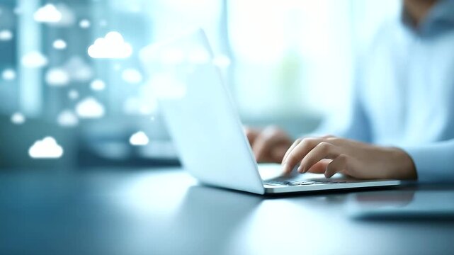 Digital workspace with cloud icons floating defocused screen, faceless technology interface, cloud computing visualization, blurred digital background, data management detail, netw