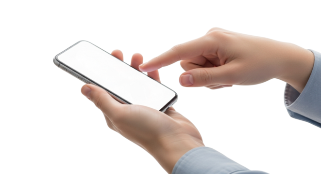 Close up of a person holding a modern smartphone with a blank screen isolated on transparent background mobile device in hand