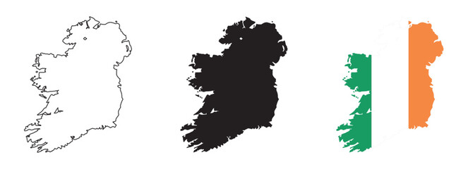Obraz premium Ireland map vector set with editable country outline black silhouette and national flag design featuring green white and orange vertical stripes isolated on white for education and geography projects