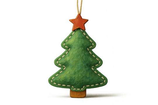 Green felt christmas tree ornament with red star, handmade holiday decoration, transparent background