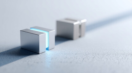 Fototapeta premium A pair of silver and blue blocks with a glowing light in the center, sitting on top of a surface