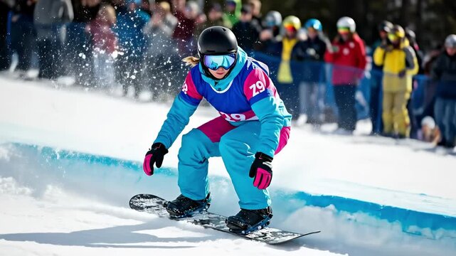A snowboarder in vibrant blue and pink gear performs a thrilling trick over a half-pipe at a winter sports competition, with an enthusiastic crowd cheering in the background.