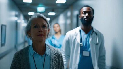 Medical Team on the Move: A dedicated medical team, comprised of diverse professionals, strides purposefully down a brightly lit hospital corridor. - Powered by Adobe