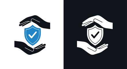 Hands protecting security shield - Vector icon symbol for website - Icon vector - Blue icon vector - Line and glyph solid icon and logo template