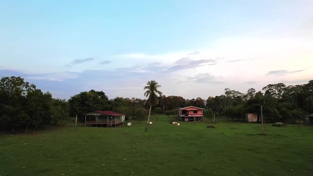 Riverside community along Amazon River with traditional houses and local lifestyle in Brazil