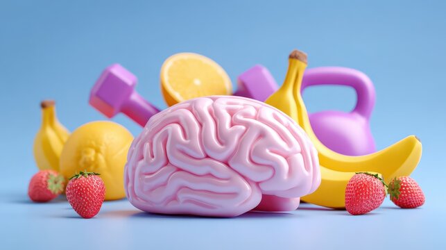 Brain with fruits and weights
