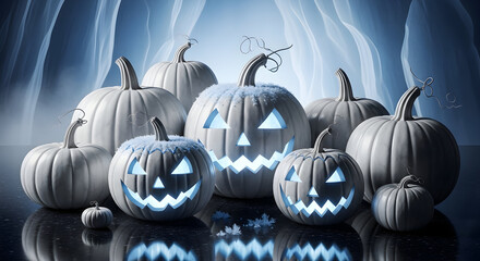 Spooky carved pumpkins with glowing blue light for Halloween