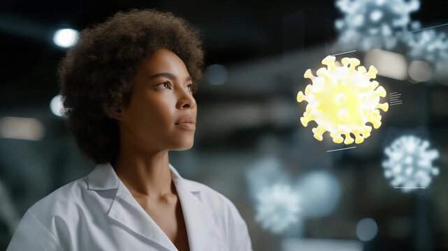 Close-up of scientist interacting with holographic virus structures through augmented reality interface, showing deep focus and emotional intensity, symbolizing futuristic biomedical research and