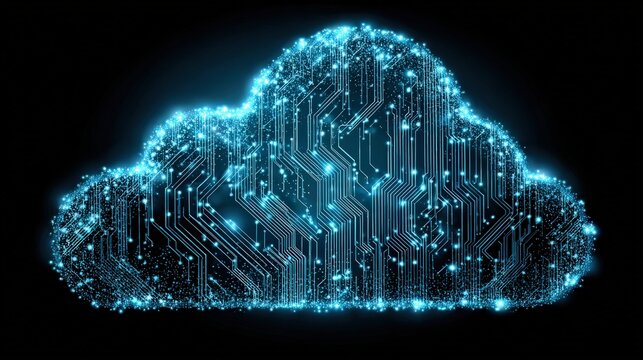 A glowing cloud shape filled with intricate circuitry and digital elements, representing cloud computing and technology.