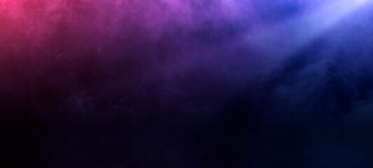 Fototapeta premium Abstract Dark blue purple scene background neon spotlights. Night view of light reflected Rays through Smoke fog stage floor studio room futuristic Halloween product display for banner event design