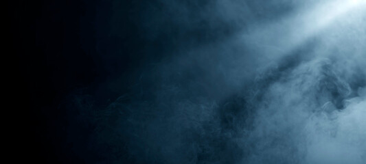 Abstract Dark blue scene background with neon spotlights. Night view of light reflected Rays through Smoke fog stage floor studio room futuristic Halloween product display for banner event design