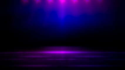 Fototapeta premium Dark scene background, Abstract glowing blue and purple neon spotlights, stage smoke, floor studio room, futuristic Halloween, product display, Perfect for banner event design, Night landscape