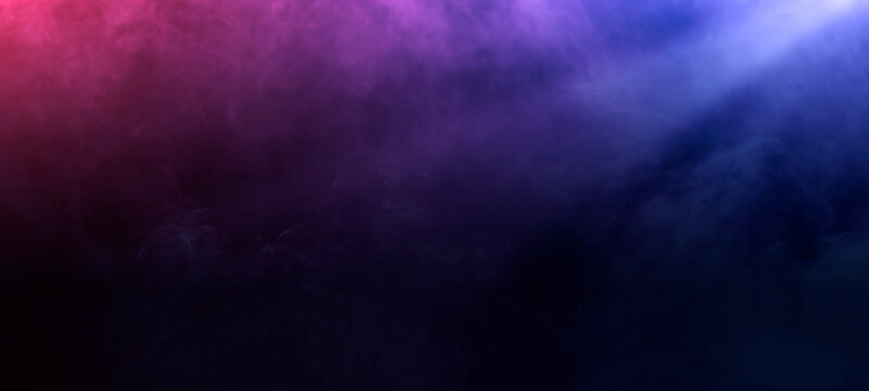 Abstract Dark blue purple scene background neon spotlights. Night view of light reflected Rays through Smoke fog stage floor studio room futuristic Halloween product display for banner event design