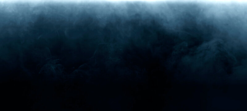 Abstract Dark blue scene background with neon spotlights. Night view of light reflected Rays through Smoke fog stage floor studio room futuristic Halloween product display for banner event design