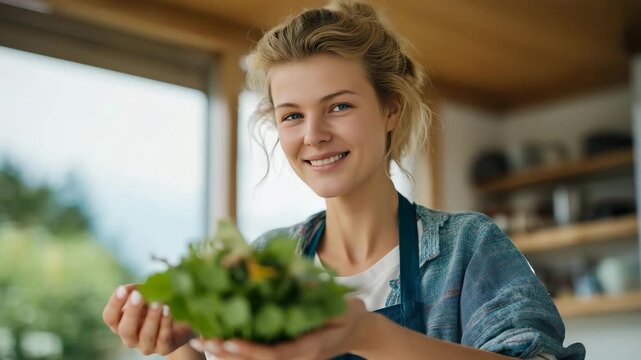 Cooking vlogger preparing dishes while speaking to camera, emotion of joy and authenticity visible, symbolizing culinary storytelling, lifestyle content production, and creative engagement through