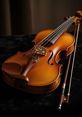 Fototapeta premium Elegant Wooden Violin with Bow on Dark Velvet Background for Music and Art Enthusiasts
