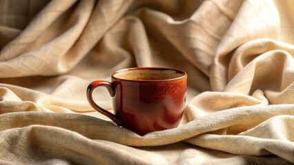 A Rustic Brown Mug Rests Gently on Soft, Draped Fabric, Creating a Serene and Peaceful Atmosphere