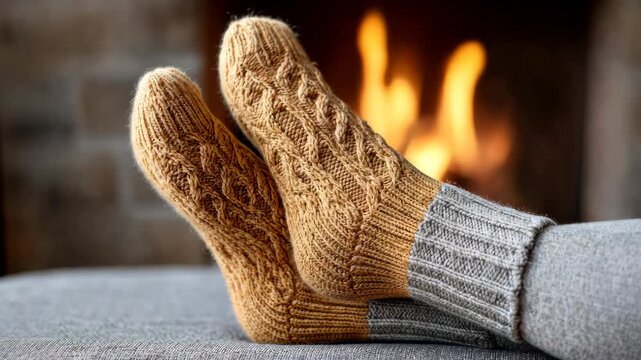 Cozy woolen socks warming by the fireplace  relaxation and comfort on a winter evening