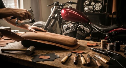 Craftsman making a custom leather motorcycle seat in a vintage workshop with professional tools
