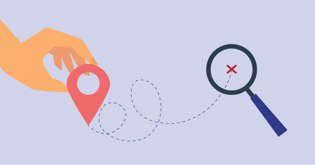 Magnifying glass with route finder. Travel way and find trip. GPS point navigation.