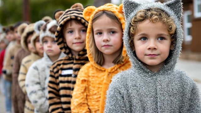 Adorable kids in animal costumes parade through neighborhood