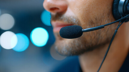 A man wearing a headset with microphone is speaking into the mic, in front of blurred blue lights