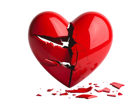 A 3D render of a shattered, glossy, red heart with jagged cracks across its surface, suggesting emotional pain. Scattered shards surround it