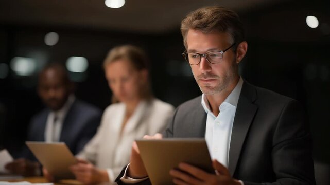 Delegates in a parliamentary session reviewing legislative proposals on digital tablets, emotion of concentration and responsibility evident, representing modern politics, data-driven lawmaking,