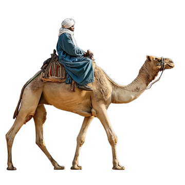 Man riding camel with patterned saddle isolated on a transparent background