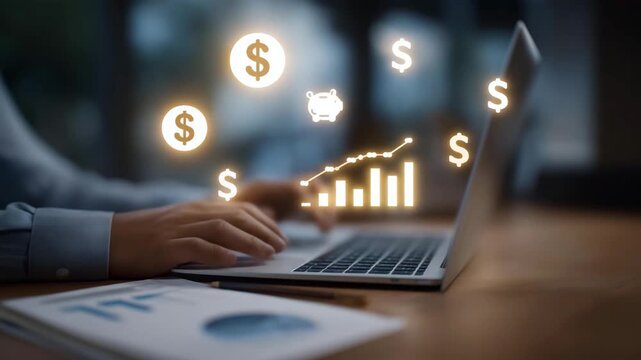 Desk with laptop, notepad, and scattered documents, overlaid with glowing financial icons like piggy banks, dollar signs, and charts, symbolizing personal finance, budgeting, savings, and