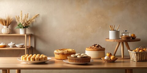 Fototapeta premium A Tabletop Still Life Featuring an Assortment of Baked Goods and Decorative Elements Arranged on a Wooden Table Against a Textured Background