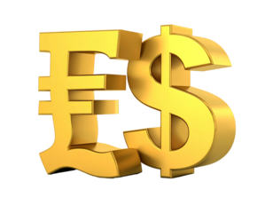 A 3D rendered gold currency symbol comparison the pound sterling against the US dollar, juxtaposed on a black background