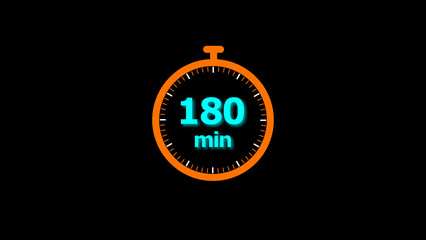 180 minutes timer clock icon 4k illustration on a black background. and creating a stunning illustration.4k illustration