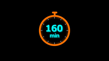 160 minutes timer clock icon 4k illustration on a black background. and creating a stunning illustration.4k illustration