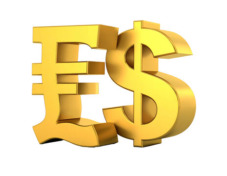 A 3D rendered gold currency symbol comparison the pound sterling against the US dollar, juxtaposed on a black background