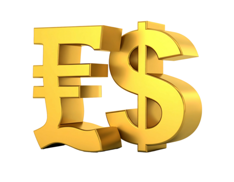 A 3D rendered gold currency symbol comparison the pound sterling against the US dollar, juxtaposed on a black background