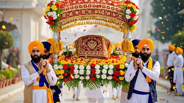Ceremonial Procession Featuring Sikh Devotees Carrying a Colorful Palanquin Adorned with Flowers and Symbols of Faith in a Vibrant Festival Setting