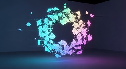 Geometric shape made of glowing particles in a room