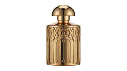 Fototapeta premium Luxurious ornate gold perfume bottle radiates elegance and sophistication, perfect for premium beauty and fragrance branding isolated on white or transparent png.