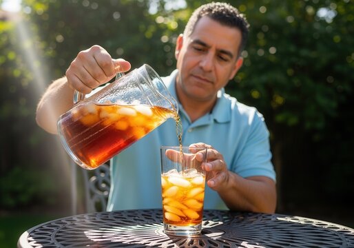 A middle-aged man pouring iced tea from a pitcher into a glass outdoors. Enjoying a refreshing cold beverage on a sunny summer day in the backyard - Powered by Adobe