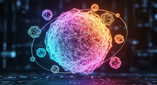Abstract colorful glowing molecule structure with orbiting particles