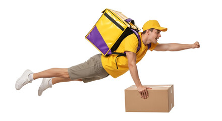 Dynamic Young Delivery Man in Yellow Uniform Flying with a Yellow and Purple Backpack and Cardboard Box, Symbolizing Fast Express Shipping, isolated on transparent background