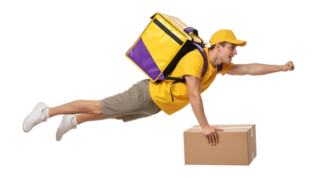 Dynamic Young Delivery Man in Yellow Uniform Flying with a Yellow and Purple Backpack and Cardboard Box, Symbolizing Fast Express Shipping, isolated on transparent background